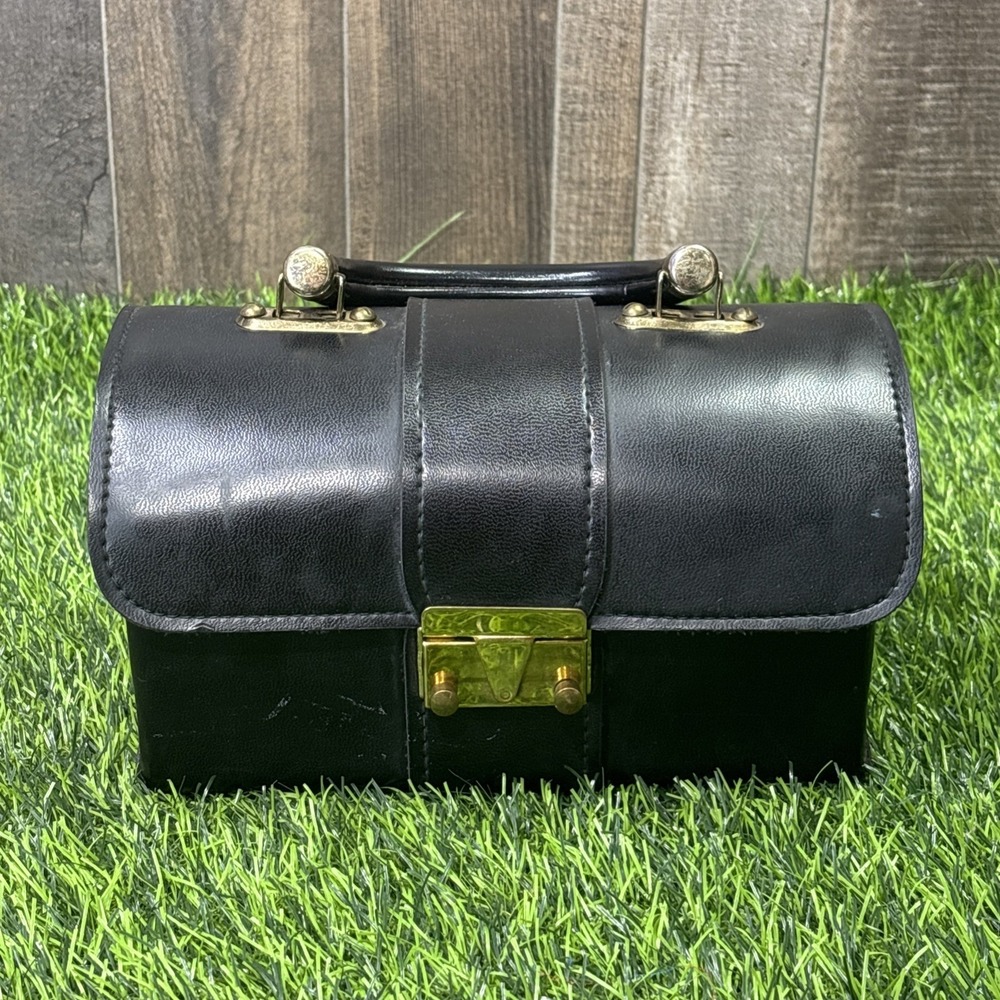 Vintage Jacqueline USA Black Leather Box Purse Gold Turn Lock Top Handle Handbag